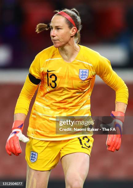 Karen Bardsley of England in action during the International Friendly match between England and Canada at Bet365 Stadium on April 13, 2021 in Stoke...