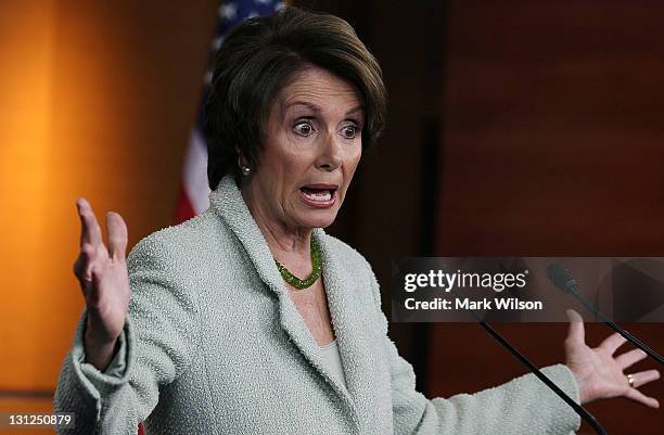 House Democratic Leader Nancy Pelosi speaks during her weekly media briefing at the U.S. Capitol, on November 3, 2011 in Washington, DC. Pelosi spoke...