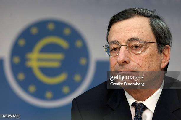 Mario Draghi, president of the European Central Bank , pauses during his first news conference at the bank's headquarters in Frankfurt, Germany, on...