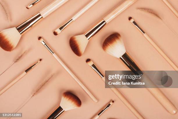 soft brushes for blush and face powder, zero waste concept. set of natural wooden makeup brushes with dried flowers on beige background. flat lay style. - paintbrush palette stock pictures, royalty-free photos & images