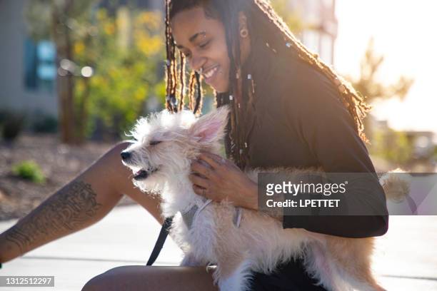androgynous person with pet dog - dog sitter stock pictures, royalty-free photos & images
