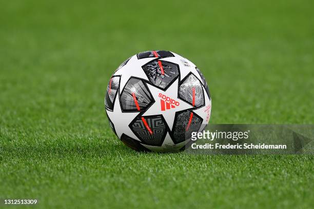 General view of a Adidas Finale 21 20th Anniversary match ball prior to the UEFA Champions League Quarter Final Second Leg match between Borussia...