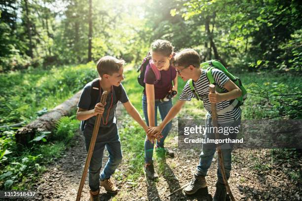 escursionisti felici che impilano le mani nella foresta - family hiking in spring outdoors foto e immagini stock