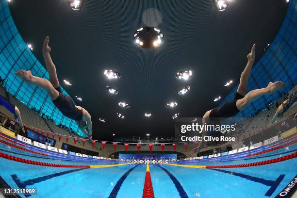 Lily Booker and Aimee Willmott of Great Britain start the Women's 400m Individual Medley Final on day one of the British Swimming Selection Trials...