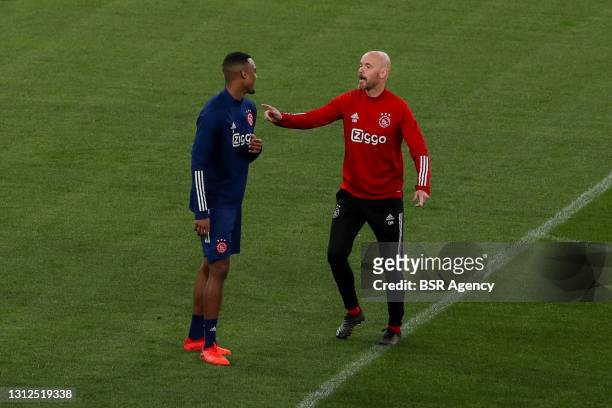 Ryan Gravenberch of Ajax and coach Erik Ten Hag of Ajax during the Ajax Training And Press Conference at Stadio Olimpico on April 14, 2021 in Rome,...