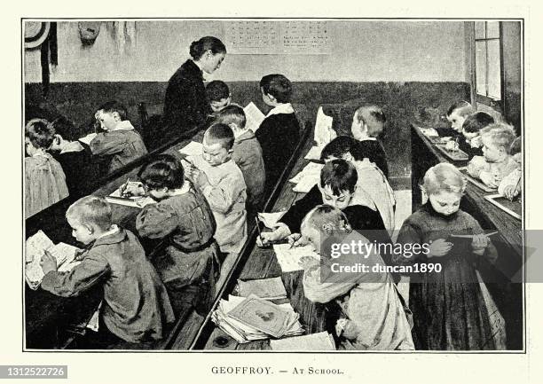 klasse der schulkinder lernen, viktorianische bildung, 19. jahrhundert - historisch stock-grafiken, -clipart, -cartoons und -symbole