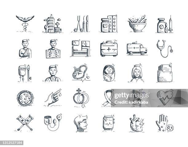 medical hand drawn line icon set and sketch design - first aid kit stock illustrations