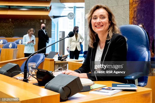 New chairwoman of parliament Vera Bergkamp is seen opening the plenary debate in the Tweede Kamer lower house on April 13, 2021 in The Hague,...