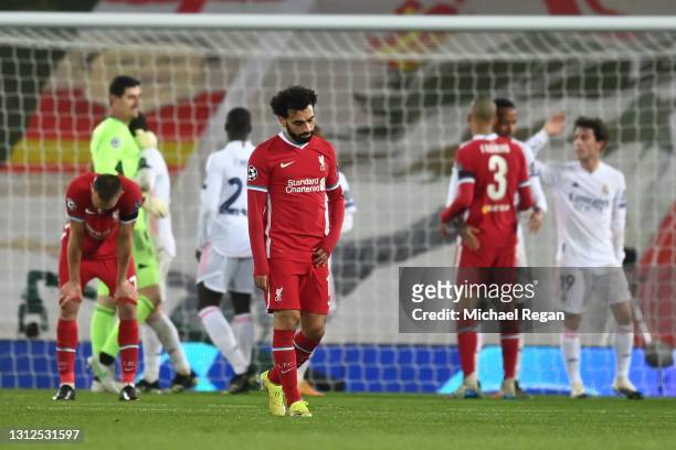 Mohamed Salah of Liverpool looks dejected following the UEFA Champions League Quarter Final Second Leg match between Liverpool FC and Real Madrid at...