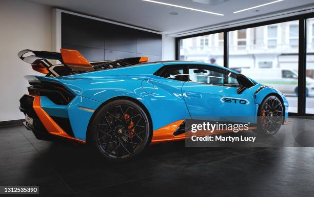 The Lamborghini Huracan STO seen at HR Owen Lamborghini in London, United Kingdom. The Huracan STO is a track focused variant of the Huracan.