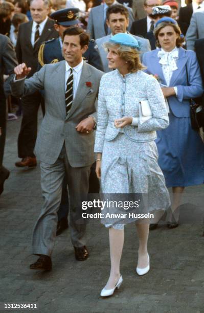 Prince Charles, Prince of Wales and Diana, Princess of Wales, wearing a blue and pink floral quilted suit designed by Miss Antoinette and a matching...