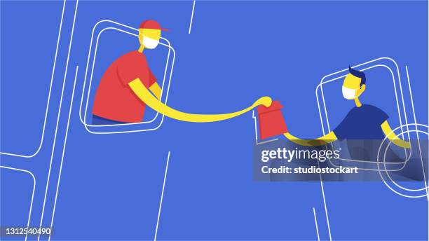staff in protective mask and hand glove serving food - fast food employee stock illustrations