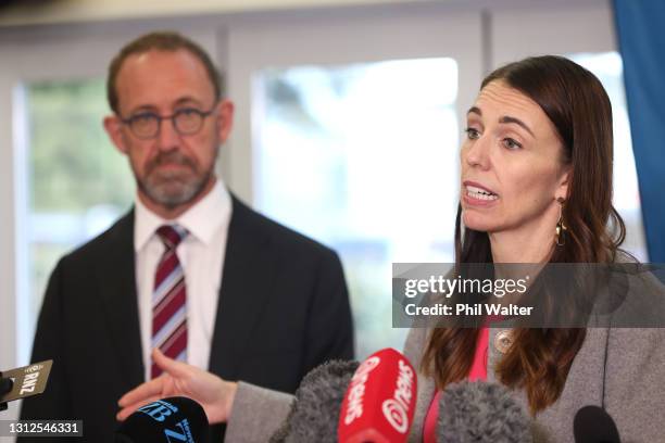 New Zealand Prime Minister Jacinda Ardern and Health Minister Andrew Little take questions from the media at the Homai School in Manurewa on April...