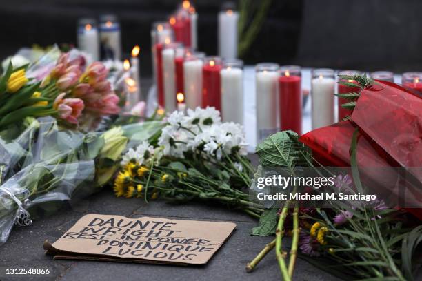 Makeshift memorial is seen at a vigil for Daunte Wright and Dominique Lucious at Washington Square Park in Manhattan on April 14, 2021 in New York...