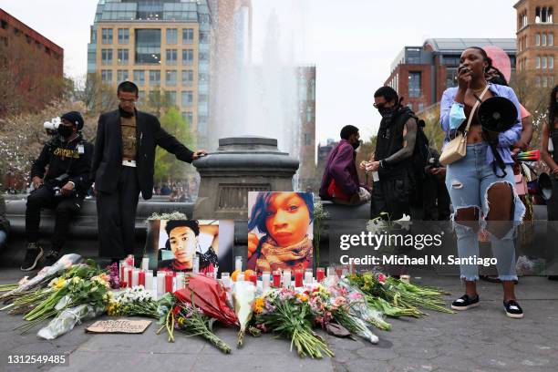 Kimberly Bernard speaks during a vigil for Daunte Wright and Dominique Lucious at Washington Square Park in Manhattan on April 14, 2021 in New York...