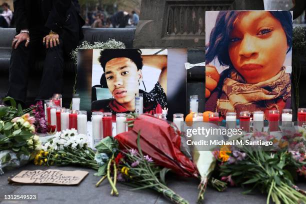 Makeshift memorial is seen during a vigil for Daunte Wright and Dominique Lucious at Washington Square Park in Manhattan on April 14, 2021 in New...