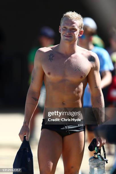 Cody Simpson leaves the pool after a training session during the 2021 Australian Swimming Championships at the Gold Coast Aquatic Centre on April 15,...