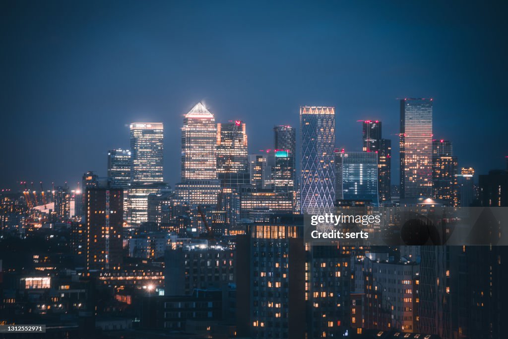 Canary Wharf Skyline view at night - Financial hub in London, United Kingdom