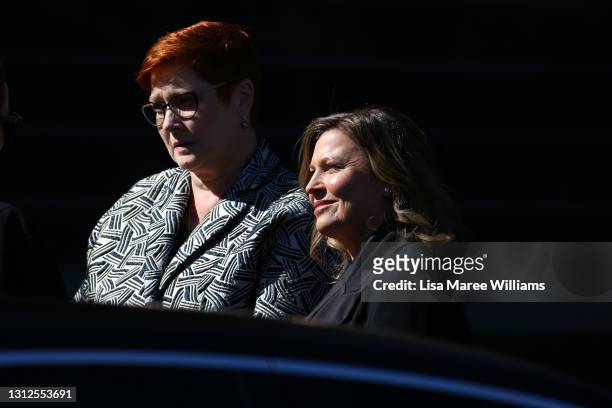 Marise Payne and Jenny Morrison arrive at the state funeral for Carla Zampatti at St Mary's Cathedral on April 15, 2021 in Sydney, Australia. The...
