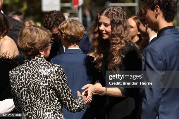 Bianca Spender , daughter of Carla Zampatti, talks to Governor of NSW Margaret Beazley following the State Funeral for Carla Zampatti at St Mary's...