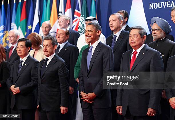 Hu Jintao, China's president, Nicolas Sarkozy, France's president, U.S. President Barack Obama, and Susilo Bambang Yudhoyono, Indonesia's president,...