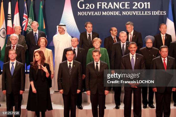 Leaders of the Group of 20 countries pose for the family photograph at the Group of 20 Cannes Summit at the Palais des Festivals on November 3, 2011...