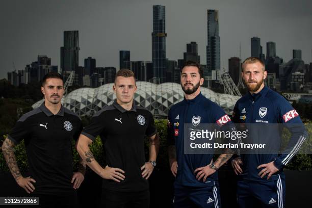 Jamie Maclaren and Scott Galloway of Melbourne City and Storm Roux and Matt Acton of Melbourne Victory pose for a photo during an A-League Melbourne...
