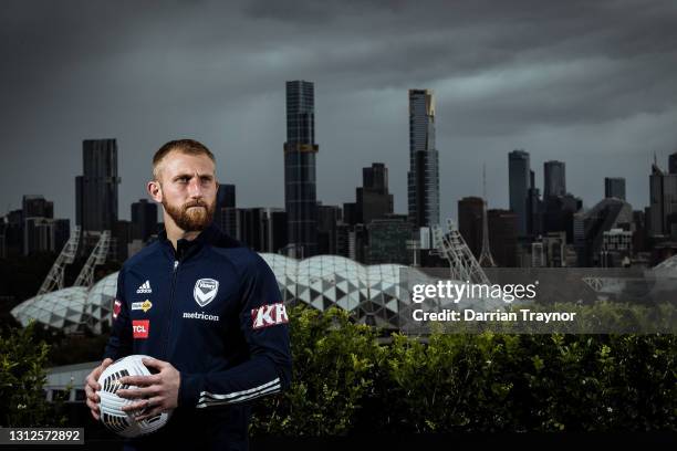 Matt Acton of Melbourne Victory poses for a photo during an A-League Melbourne Derby media opportunity at Rooftop @ 9/11 on April 15, 2021 in...