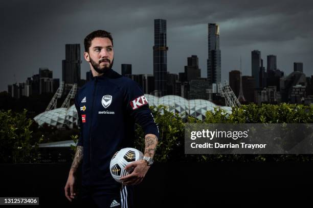 Storm Roux of Melbourne Victory poses for a photo during an A-League Melbourne Derby media opportunity at Rooftop @ 9/11 on April 15, 2021 in...