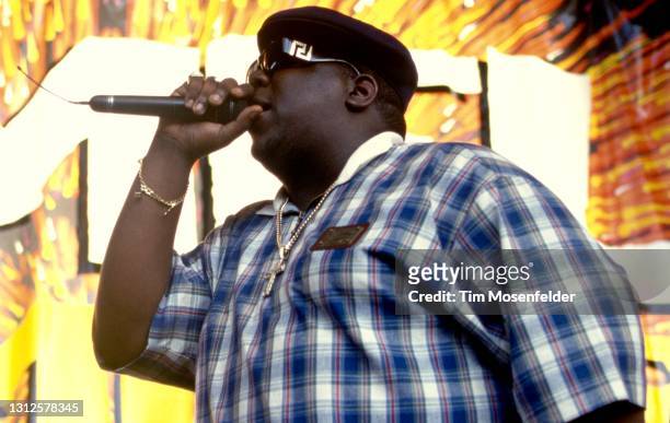 The Notorious B.I.G. Performs during KMEL Summer Jam at Shoreline Amphitheatre on August 11, 1995 in Mountain View, California.