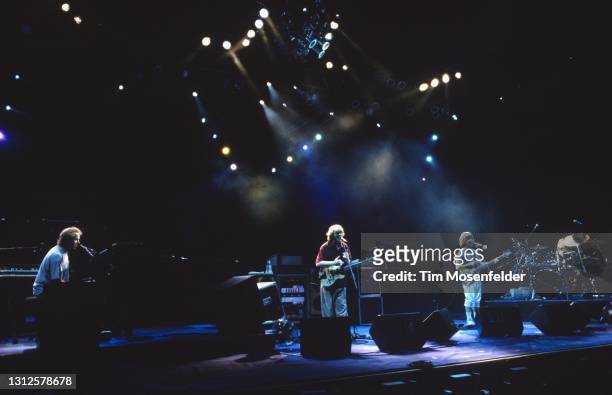 Page McConnell, Trey Anastasio, Mike Gordon, and Jon Fishman of Phish perform at Shoreline Amphitheatre on September 30, 1995 in Mountain View,...