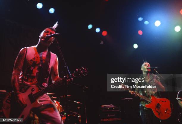 Lars Frederiksen and Tim Armstrong of Rancid perform at The Fillmore on December 11, 1995 in San Francisco, California.