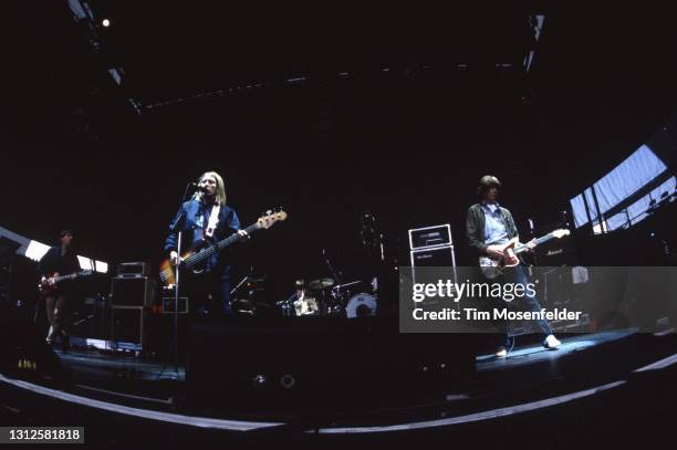 Lee Ranaldo, Kim Gordon, and Thurston Moore of the Sonic Youth perform at Shoreline Amphitheatre on May 16, 1995 in Mountain View, California.