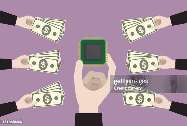 business person using a us dollar banknote buy a computer chip - scarce stock illustrations