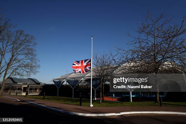 The Great Britain flag flies half mast to honour Prince Philip, Duke of Edinburgh during a preview day of the Billie Jean King Cup Play-Offs between...