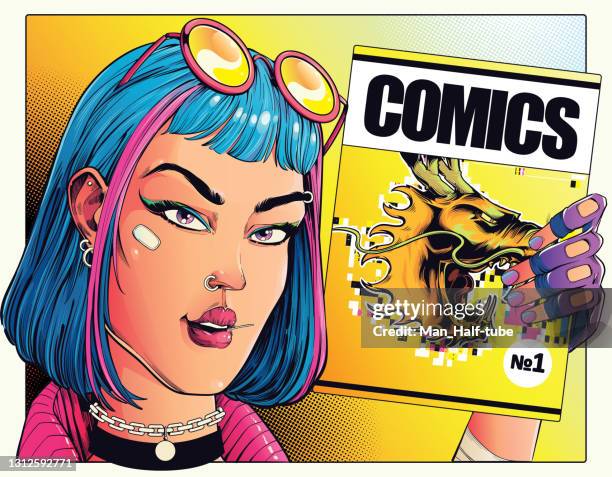 mädchen hält comic in ihren händen, frau mit magazin pop-art - comicautor stock-grafiken, -clipart, -cartoons und -symbole