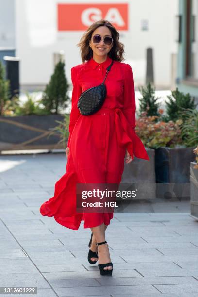 Myleene Klass seen arriving at the Global Studios on April 15, 2021 in London, England.