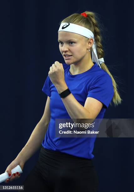 Harriet Dart of Great Britain reacts during a preview day of the Billie Jean King Cup Play-Offs between Great Britain and Mexico at National Tennis...