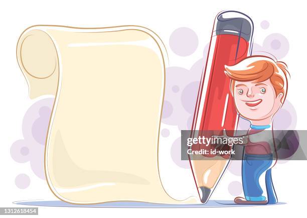 happy boy holding big pencil and writing note - author stock illustrations