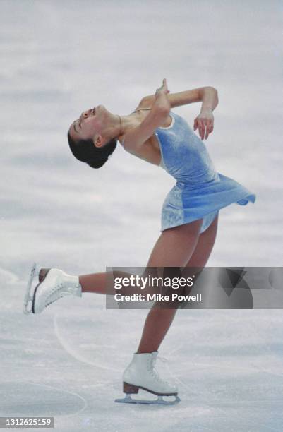 Michelle Kwan of the United States performs an upright layback spin during her long program routine in the Ladies Figure Skating Singles competition...