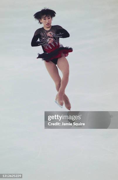 Midori Ito of Japan performs a triple axel jump during the Ladies Figure Skating Singles competition at the ISU World Figure Skating Championships on...