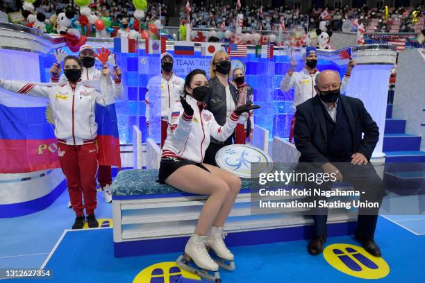 Elizaveta Tuktamysheva of Russia reacts as her score is announced after competing in the Ladies Single Short Program on day one of ISU World Team...