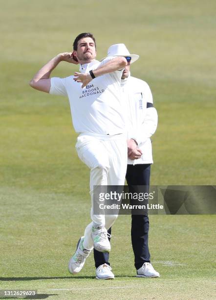 Steven Finn of Middlesex bowls during the LV=Insurance County Championship match between Hampshire and Middlesex at Ageas Bowl on April 15, 2021 in...