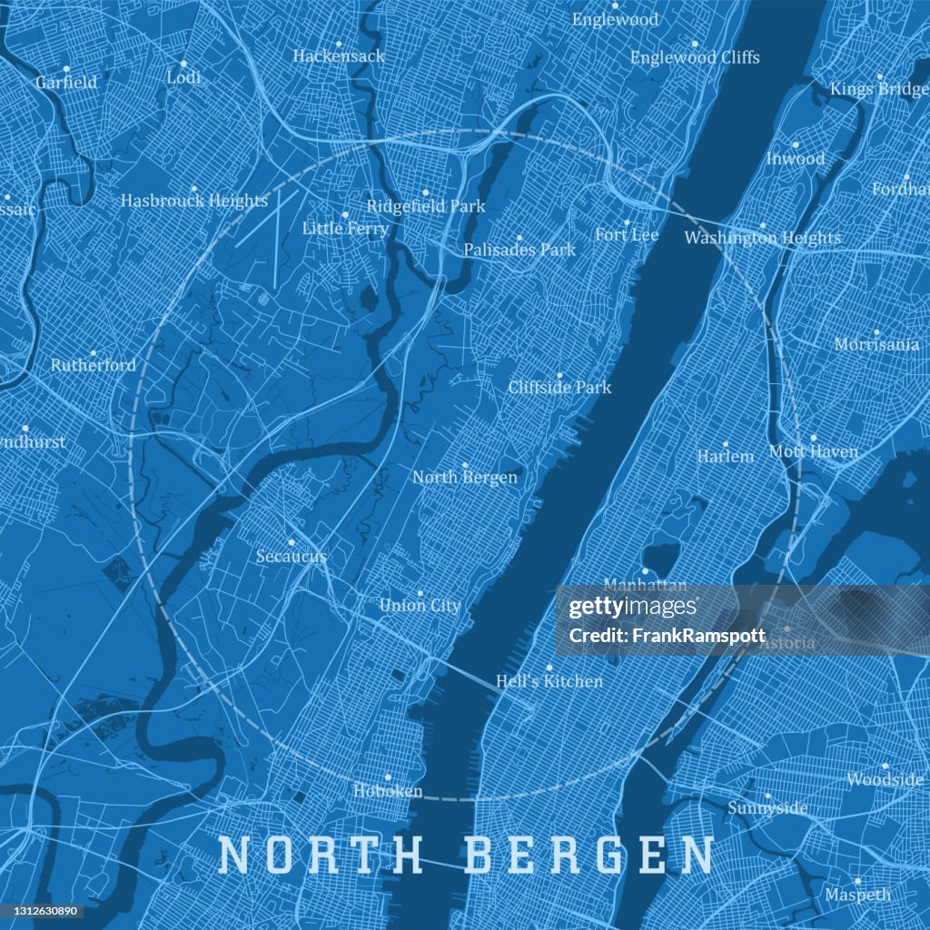 North Bergen NJ City Vector Road Map Blue Text