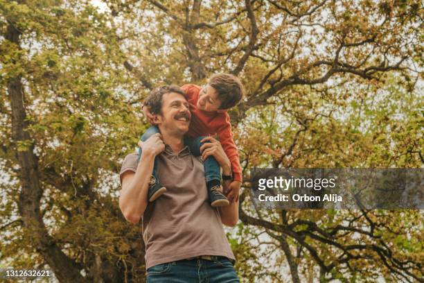 father and son exploring nature - forest day stock pictures, royalty-free photos & images