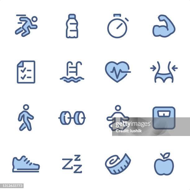 ilustraciones, imágenes clip art, dibujos animados e iconos de stock de fitness - iconos de la línea azul pixel perfect - food journal