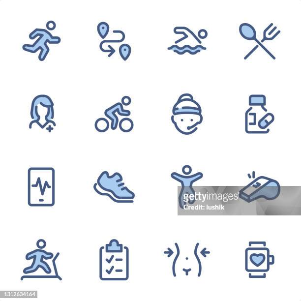 sport and fitness - pixel perfect blue line icons - aquagym stock illustrations
