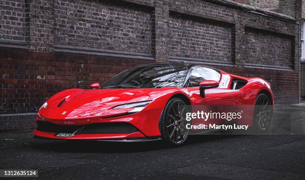 The Ferrari SF90 Stradale in Mayfair, London. The car shares its name with the Formula One car, with SF90 standing for the 90th anniversary of the...