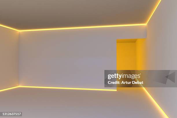 digital render of a room illuminated with neon lights in creative and futuristic design. - neon coloured stock-fotos und bilder