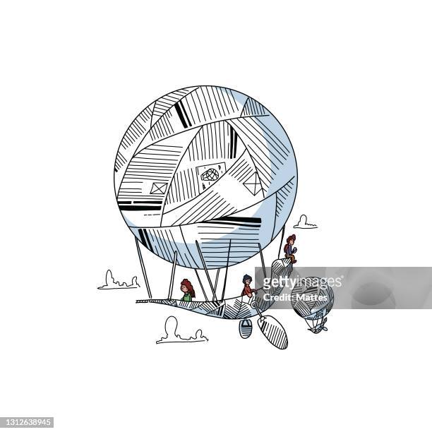 readers escaping into their books while reading stories, adventures and tales. heroes and foes going up into the sky aboard hot air ballons. scene and adventure made of folded book pages and origami. - literature concept stock illustrations